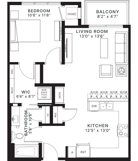 Floor plan for 1 bed, 1 bath, 760 sqft